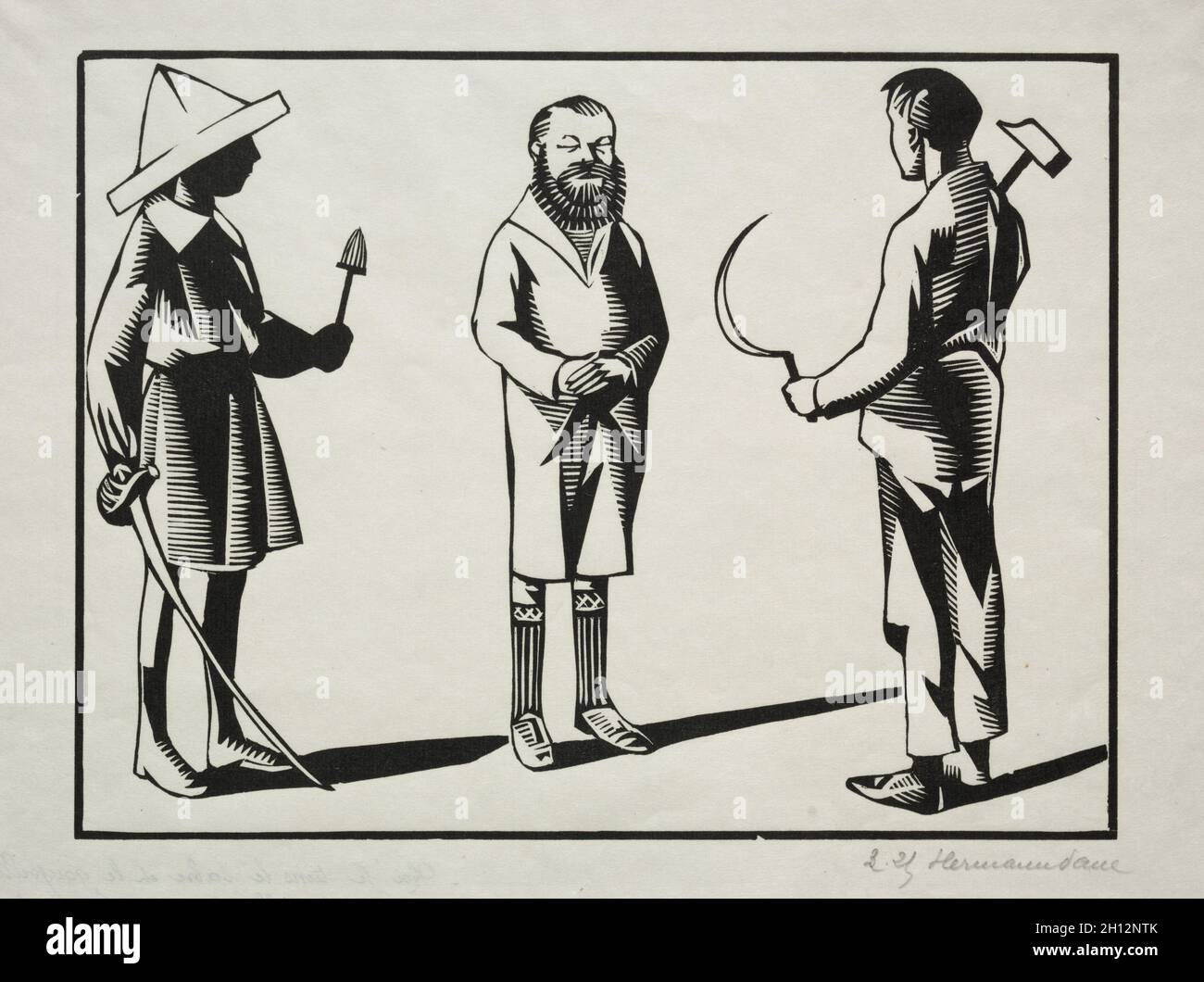 Moi! je tiens le saber, et le goupillon; toi la faucille, le marteau et ler pastello. C'est la barbe.. Hermann Paul (francese, 1864-1940). Taglio del legno; Foto Stock