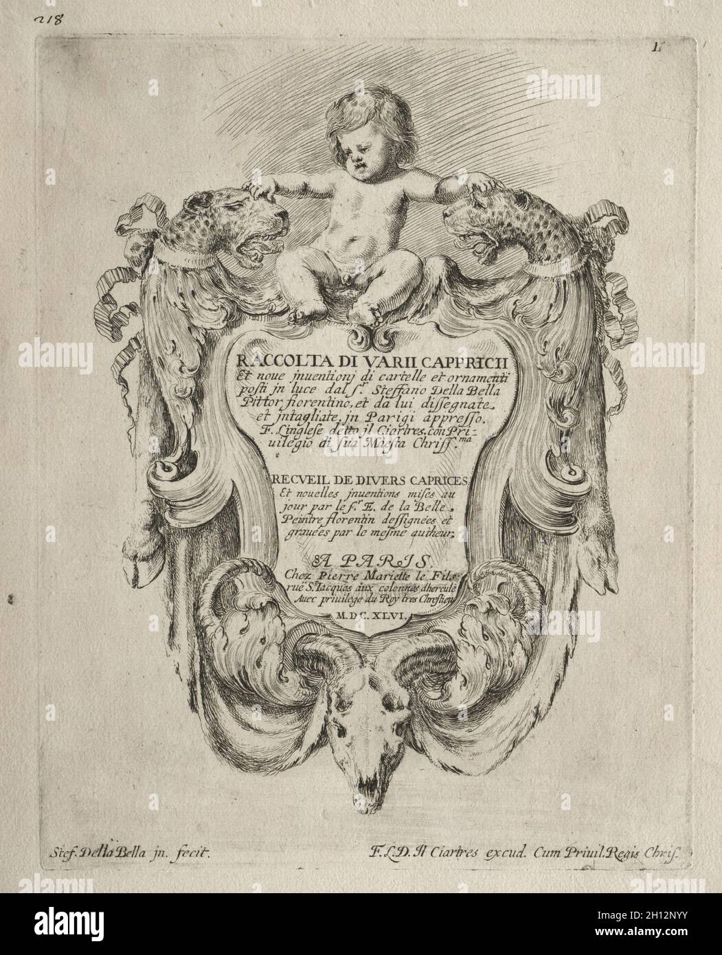 Collezione di varie Capriche e nuovi disegni di cartozzi e ornamenti: No 1, Title Page, 1646. Stefano della Bella (italiano, 1610-1664). Incisione; Foto Stock