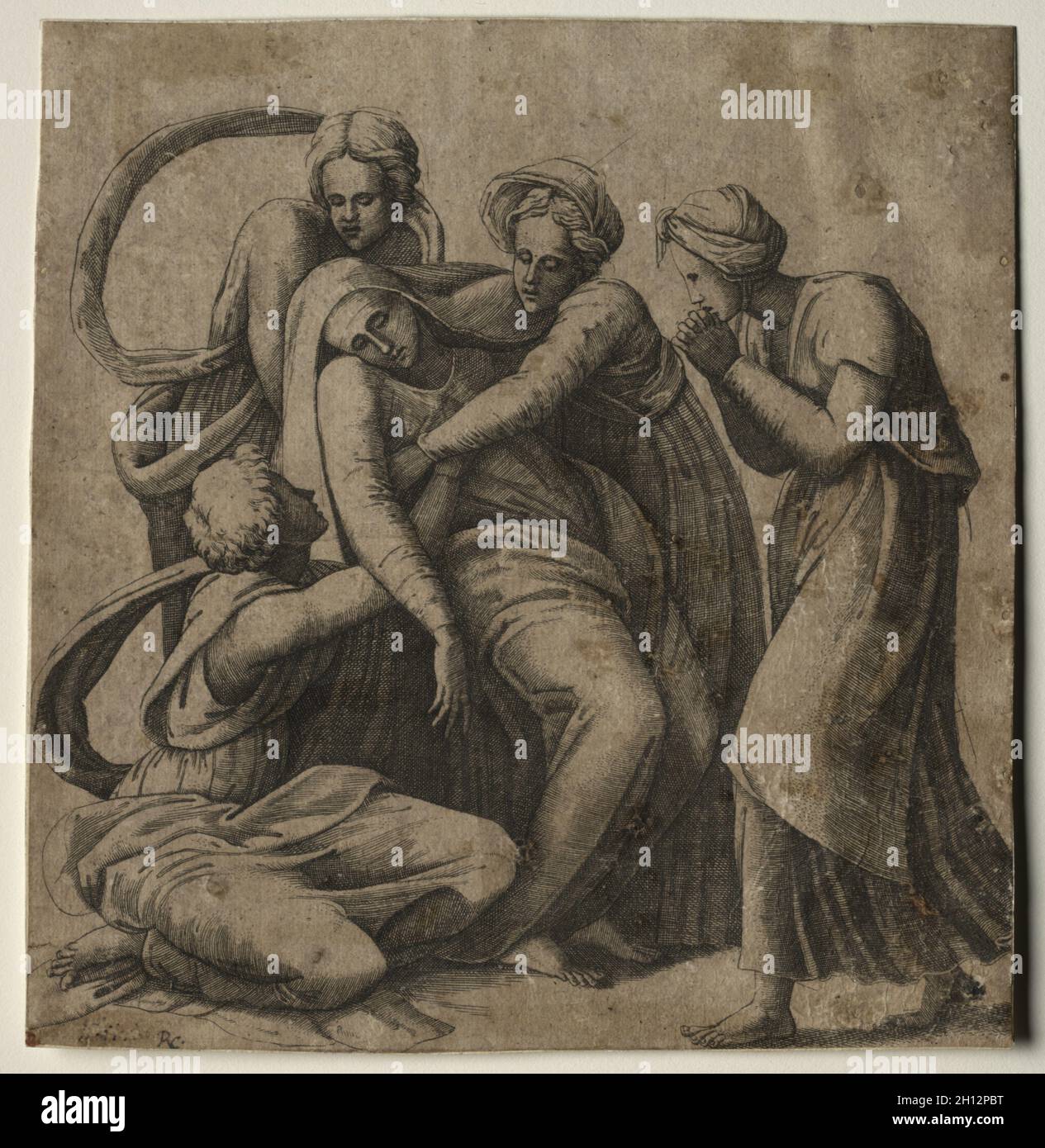 La Vergine che svenisce nelle braccia di tre Sacre Donne. Giulio Bonasone (italiano, c.. 1510-AFT 1576), dopo Raffaello (1483-1520). Incisione; Foto Stock