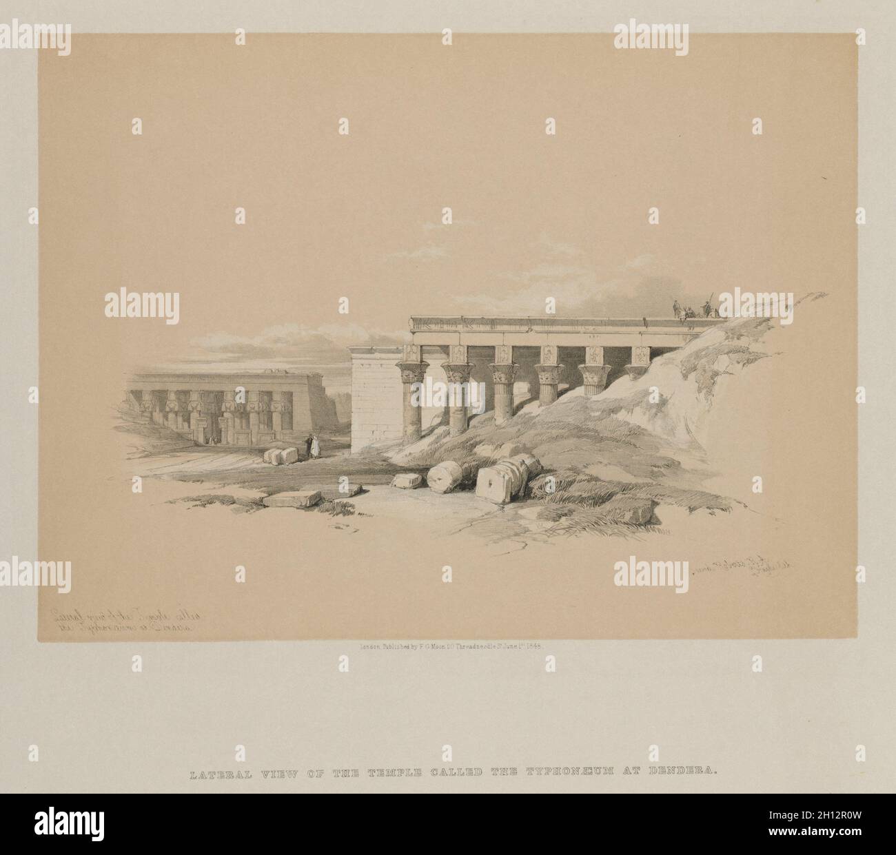 Egitto e Nubia, Volume II: Vista laterale del Tempio chiamato il Tifono a Dendera, 1848. Louis Haghe (British, 1806-1885), F.G.Moon, 20 Threadneedle Street, Londra, Dopo David Roberts (scozzese, 1796-1864). Litografia a colori; foglio: 38.2 x 43.8 cm (15 1/16 x 17 1/4 pollici); immagine: 26 x 34.9 cm (10 1/4 x 13 3/4 pollici). Foto Stock