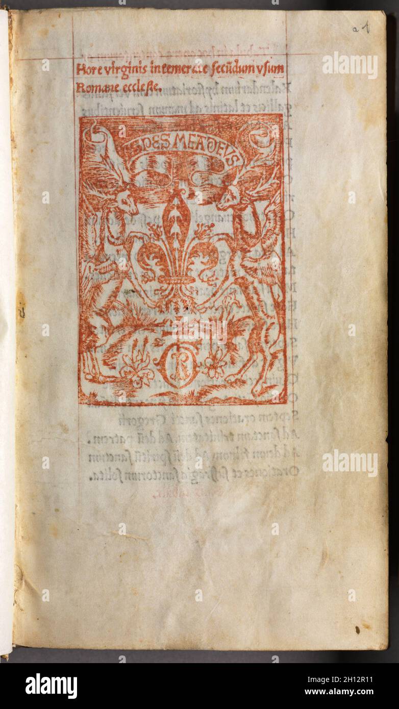 Libro degli orari stampato (uso di Roma): Fol. 1r, contrassegno stampanti, 1510. Guillaume le Rouge (francese, Parigi, attivo dal 1493 al 1517). 112 fogliame stampato su pergamena, legato; Foto Stock