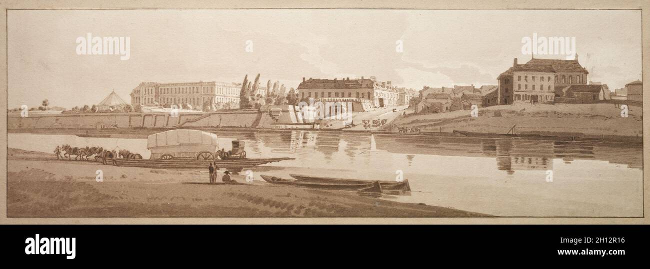 Una selezione di venti tra le più pittoresche vedute di Parigi: Vista del Palazzo & Villaggio di Choisi sulle rive della Senna, 1802. Thomas Girtin (British, 1775-1802), Frederick Christian Lewis (British, 1779-1856). Attacco Softground acquatinta e stampati in marrone; foglio: 21,5 x 51,7 cm (8 7/16 x 20 3/8 in.); immagine: 15 x 46 cm (5 7/8 x 18 1/8 in.). Foto Stock