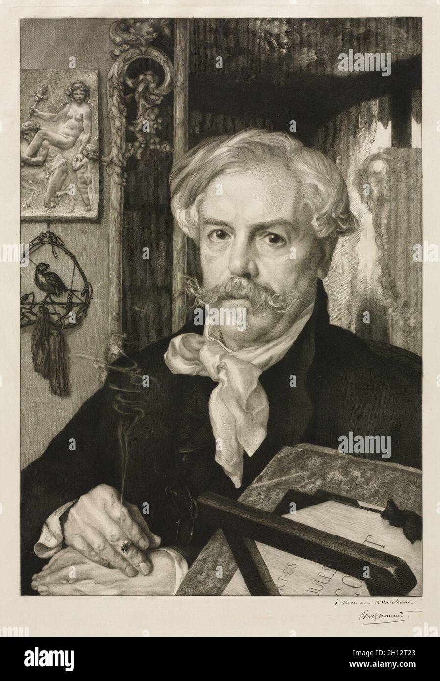 Ritratto di Edmond de Goncourt, 1882. Félix Bracquemond (francese, 1833-1914). Incisione; foglio: 60.3 x 46.4 cm (23 3/4 x 18 1/4 poll.); platemark: 51 x 34 cm (20 1/16 x 13 3/8 poll.). Foto Stock