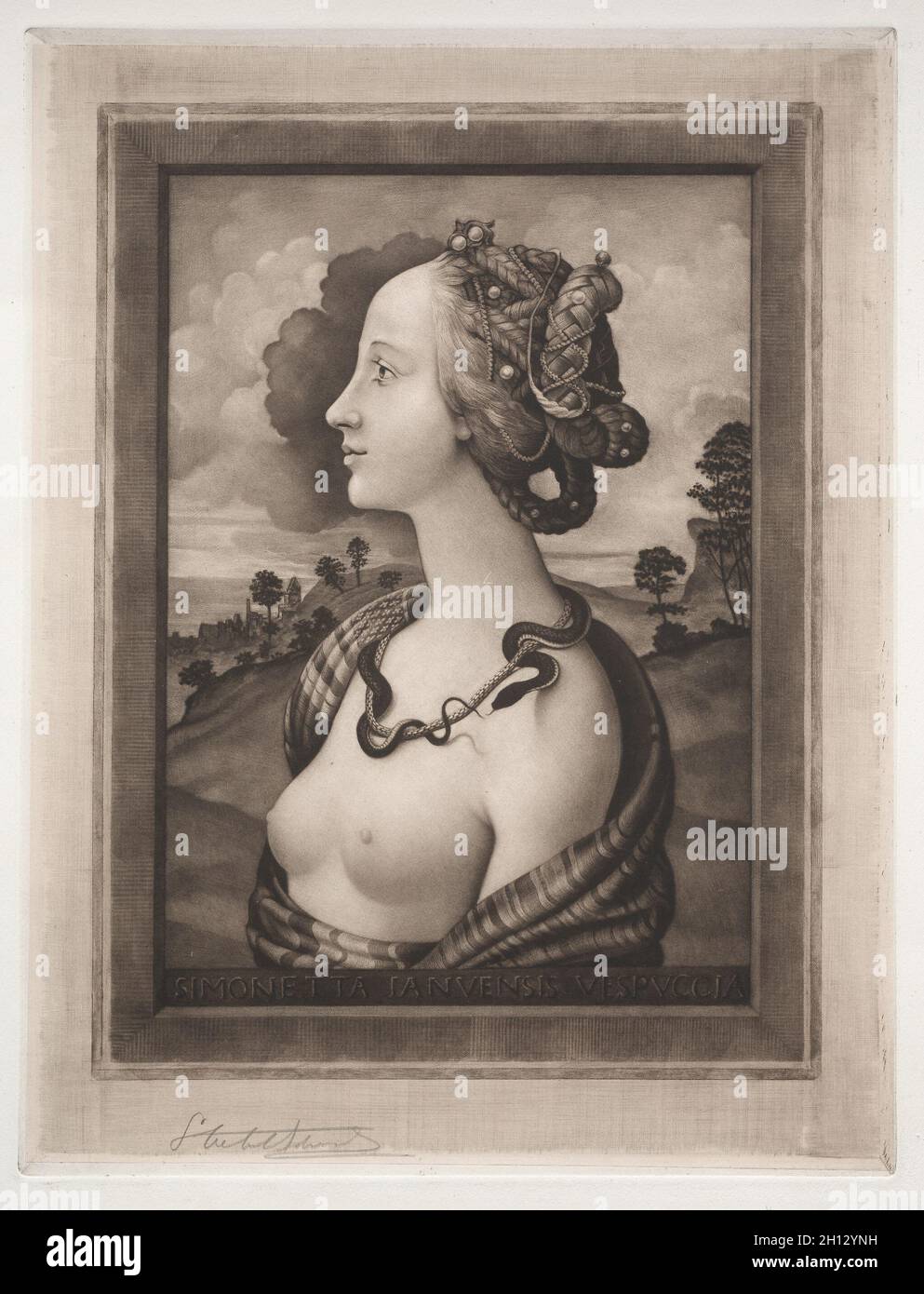 Simonetta Vespucci, c.. 1880-1923. Samuel Arlent-Edwards (americano, 1862-1938), dopo Piero di Cosimo (fiorentino, 1462-1521). Mezzotinta; Foto Stock
