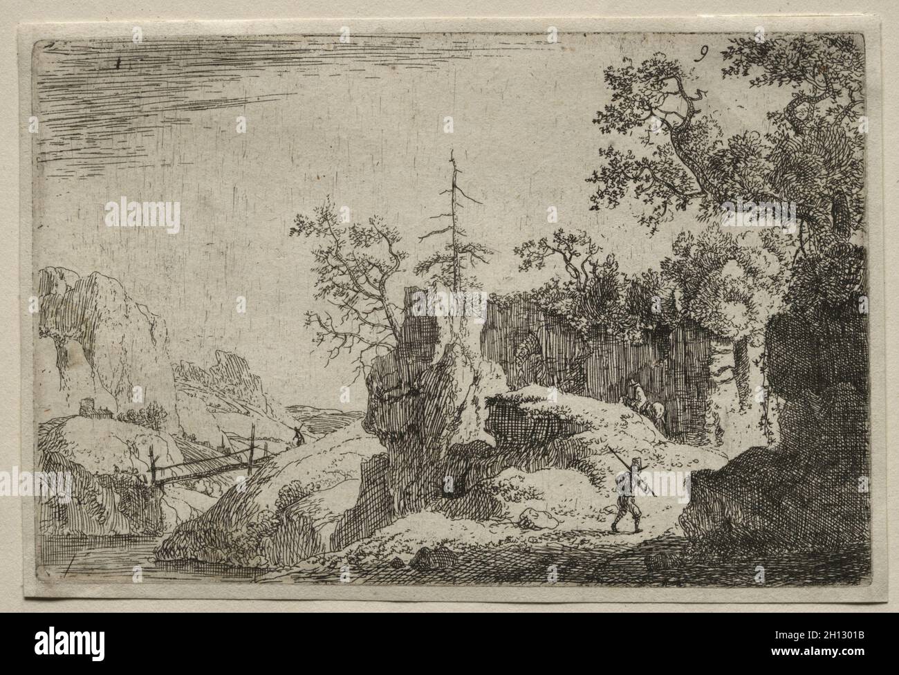 Un paesaggio di montagna, c. metà del XVII secolo. Jan van Aken (Olandese). Incisione e l'intaglio; foglio: 10.1 x 15 cm (4 x 5 7/8 in.); platemark: 9,6 x 14,5 cm (3 3/4 x 5 11/16 in.). Foto Stock