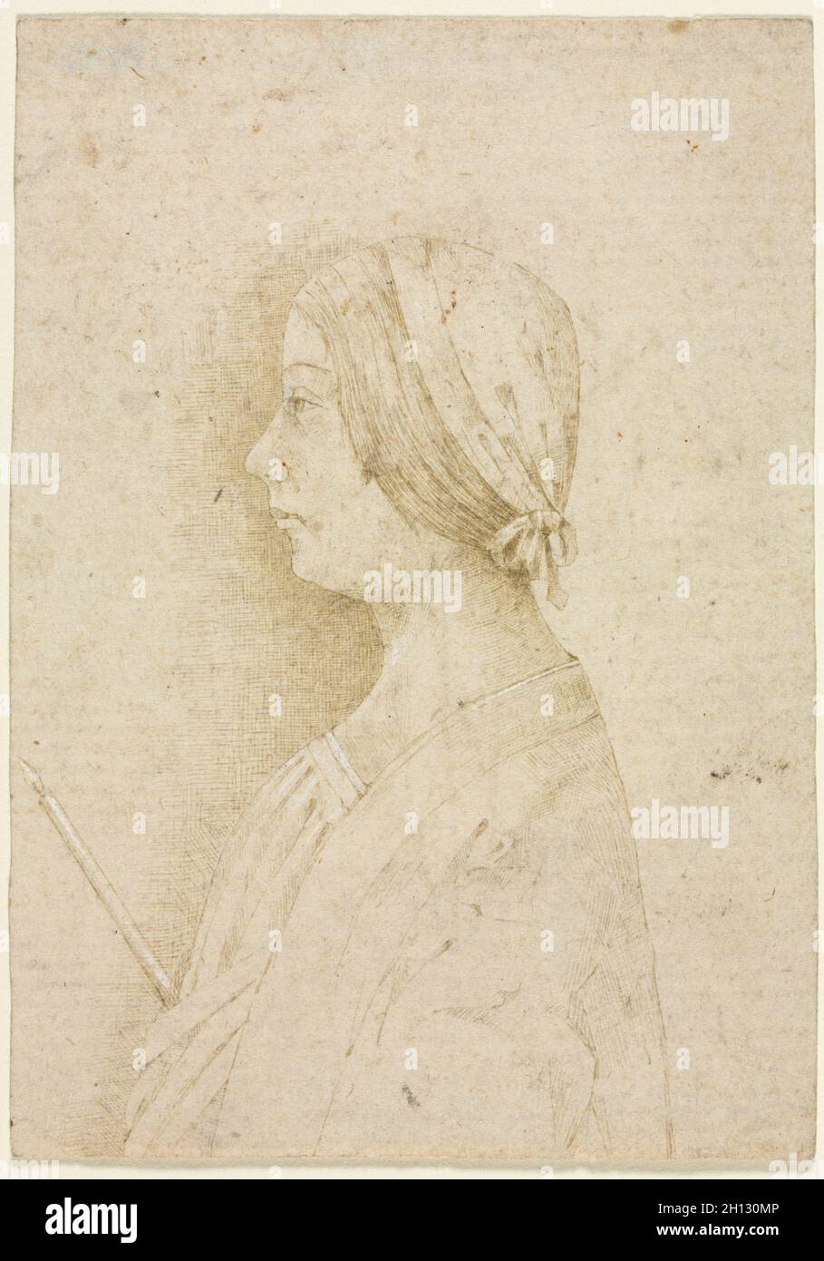 Profilo di una ragazza con una candela, 1400s. Italia, del XV secolo. Penna e inchiostro bruno, rafforzata con tracce di bianco guazzo; foglio: 15,2 x 10,8 cm (6 x 4 1/4 in.). Foto Stock