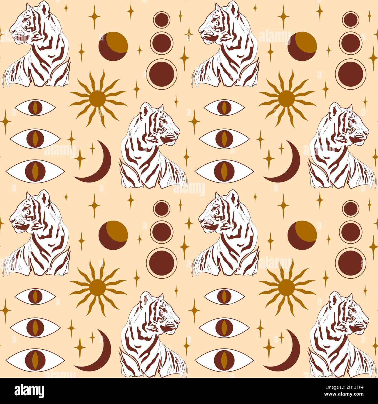 Modello con la testa di una tigre cinese, sole e luna, simboli esoterici. Illustrazione Vettoriale