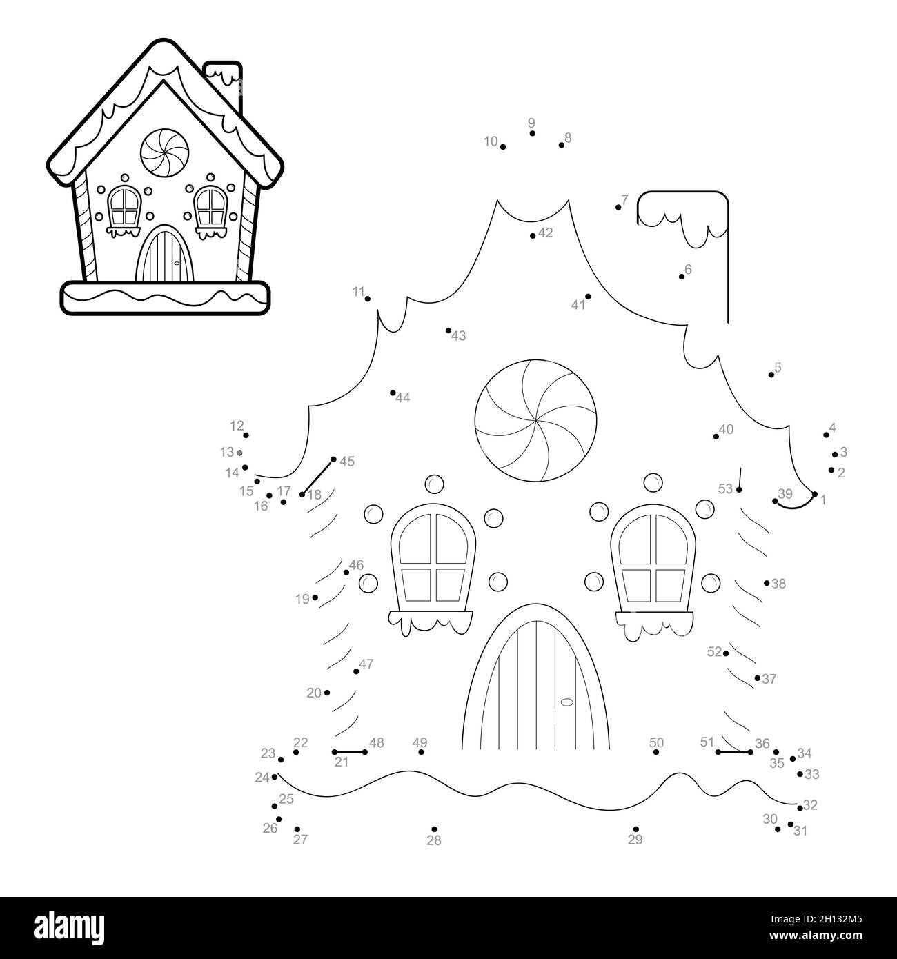 Puzzle di Natale da punto a punto per i bambini. Collegare il gioco dei puntini. Illustrazione della casa del pan di zenzero Foto Stock