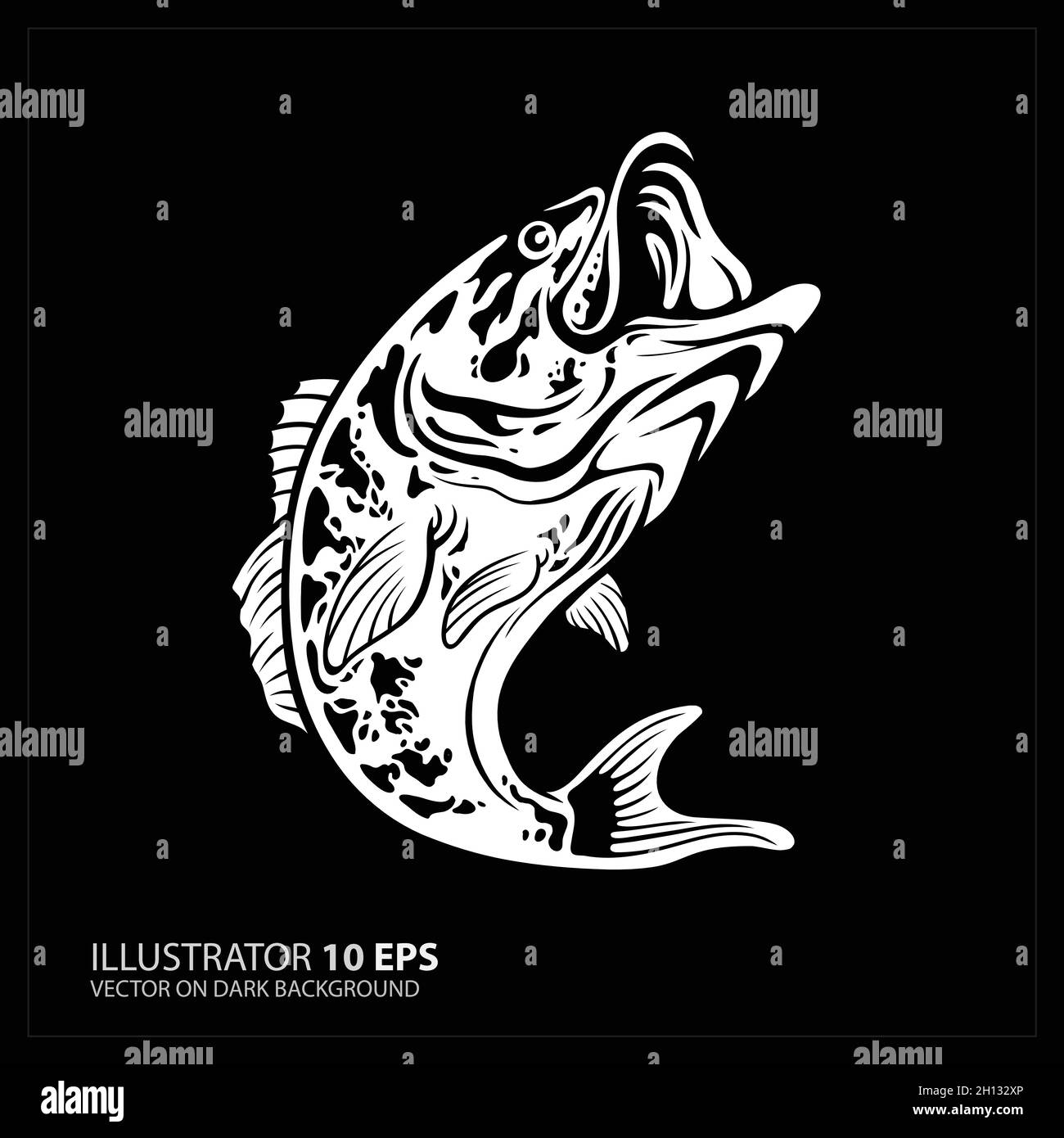 Vector Illustration of a largemouth bass fish jumping in black background fatto in stile retrò. Illustrazione Vettoriale
