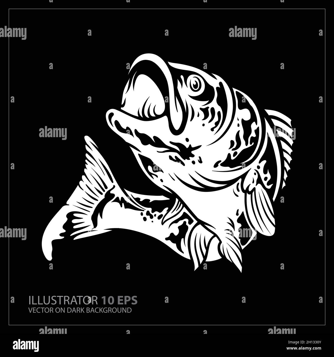 Vector Illustration of a largemouth bass fish jumping in black background fatto in stile retrò. Illustrazione Vettoriale