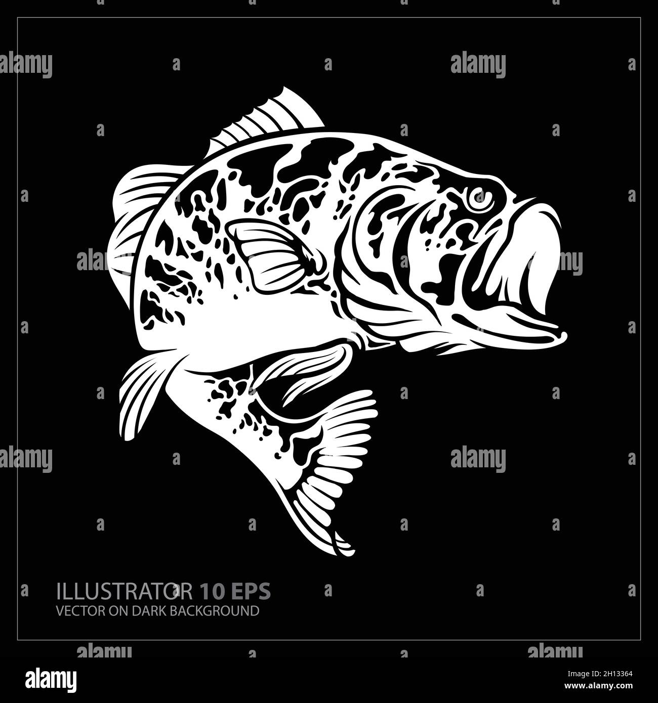 Vector Illustration of a largemouth bass fish jumping in black background fatto in stile retrò. Illustrazione Vettoriale