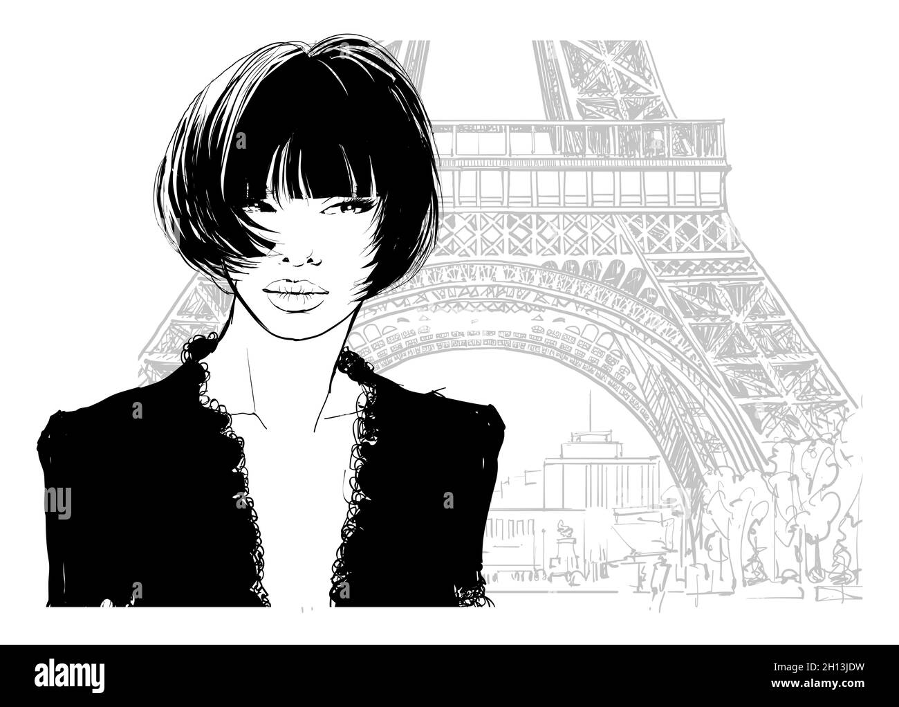 Bella giovane donna asiatica sexy in abito nero in visita a Parigi - illustrazione vettoriale Illustrazione Vettoriale
