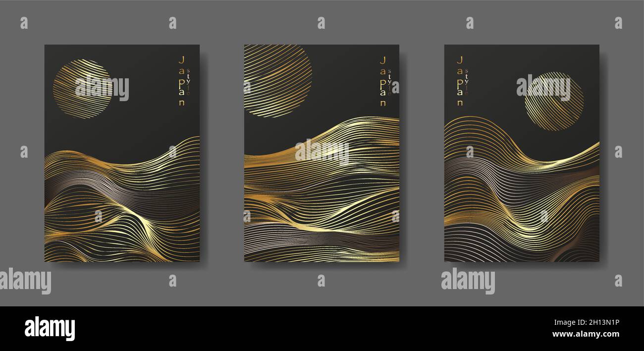 Giapponese paesaggio sfondo set carte linea oro modello onda illustrazione vettoriale. Modello Abstract Golden Luxury con motivo geometrico. Montagna Illustrazione Vettoriale