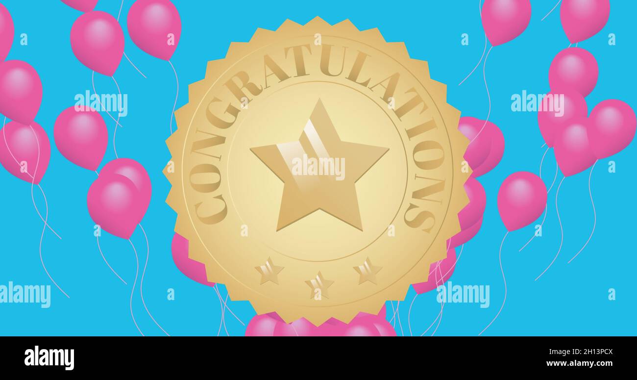 Immagine della medaglia d'oro con stella e congratulazioni su sfondo blu con palloncini volanti rosa Foto Stock