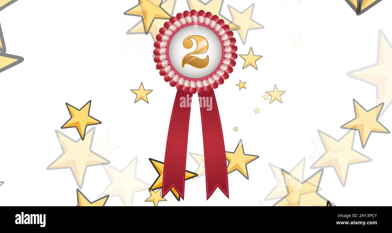 Immagine di inizio dorato fluttuante e medaglia al secondo posto su sfondo bianco Foto Stock