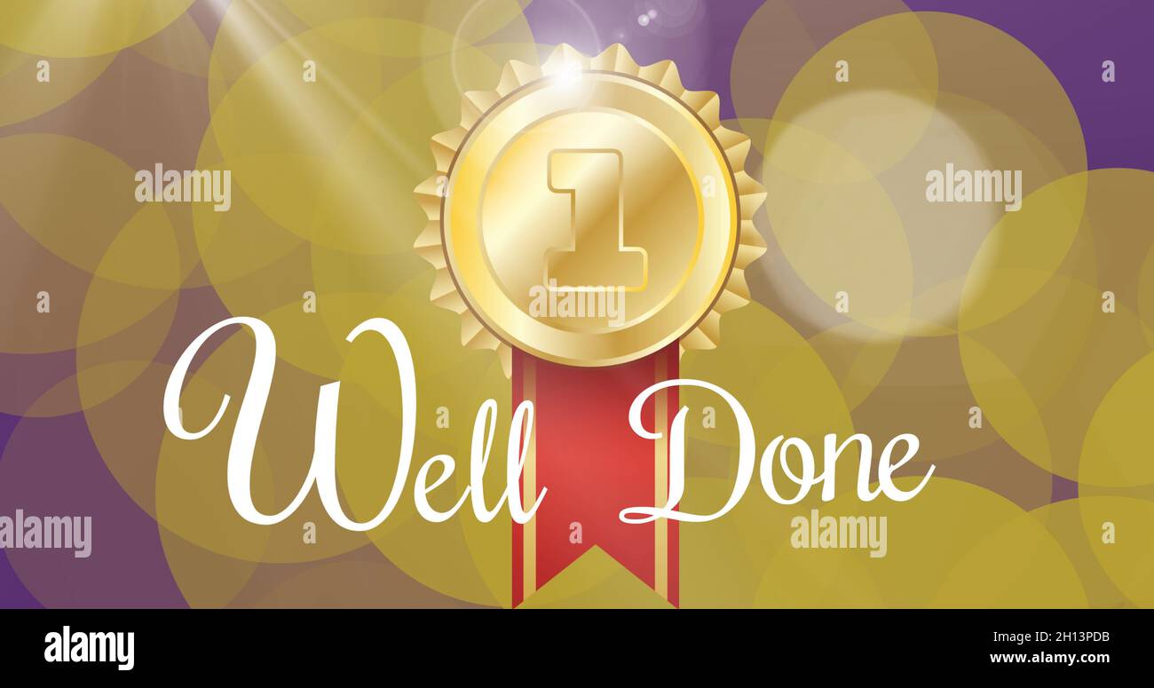 Immagine di puntini dorati fluttuanti, medaglia al 1° posto e ben fatta su sfondo viola Foto Stock