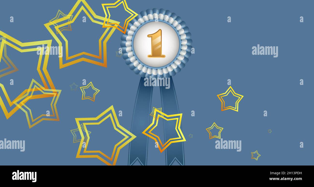 Immagine di inizio dorato fluttuante e medaglia al 1° posto su sfondo blu Foto Stock