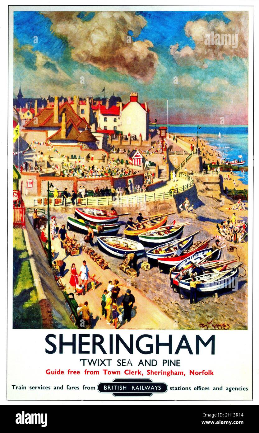 Un'annata British Railways annuncio per le vacanze al mare a Sheringham, Norfolk Foto Stock