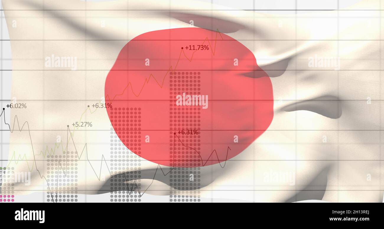 Immagine delle statistiche finanziarie che registrano la bandiera del giappone sventolando Foto Stock