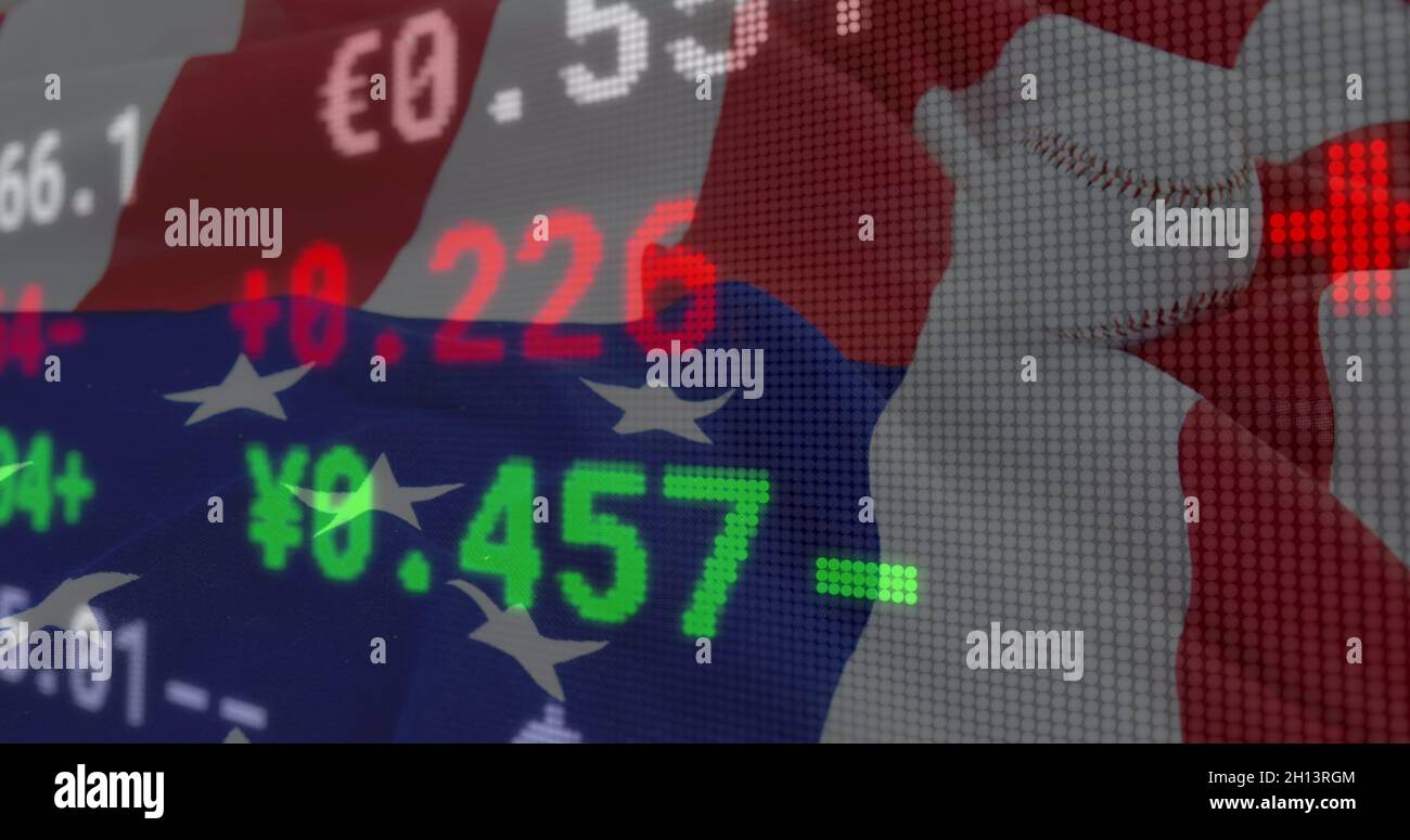 Immagine del trattamento dei dati finanziari sulla bandiera americana Foto Stock