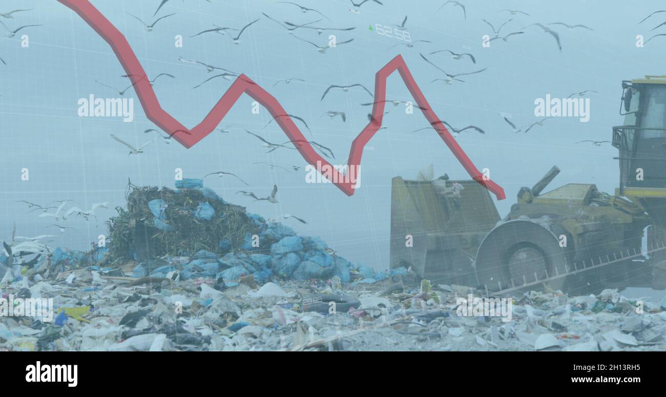 Grafico rosso che si muove contro bulldozer che lavora in discarica con uccelli nel cielo Foto Stock