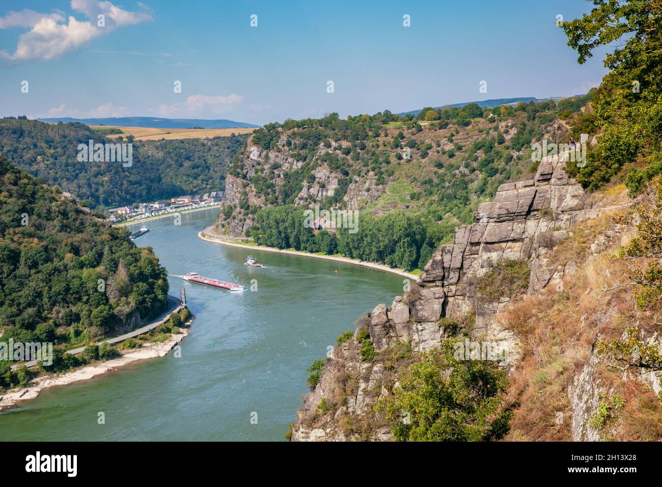 Vista sul Reno dall'alto sulla leggendaria Valle di Loreley Foto Stock