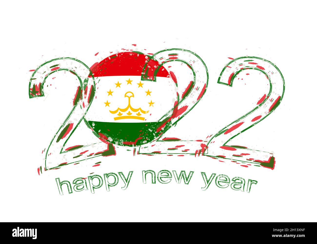 Felice anno nuovo 2022 con bandiera del Tagikistan. Illustrazione vettoriale del grunge di festa. Illustrazione Vettoriale
