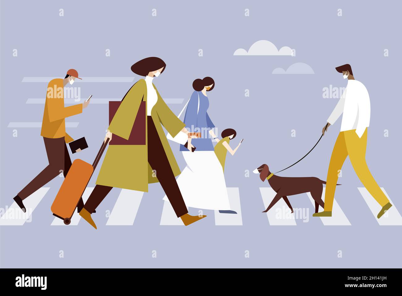Illustrazione di persone occupate che indossano maschera protettiva per il viso che camminano attraverso la strada in una città Illustrazione Vettoriale