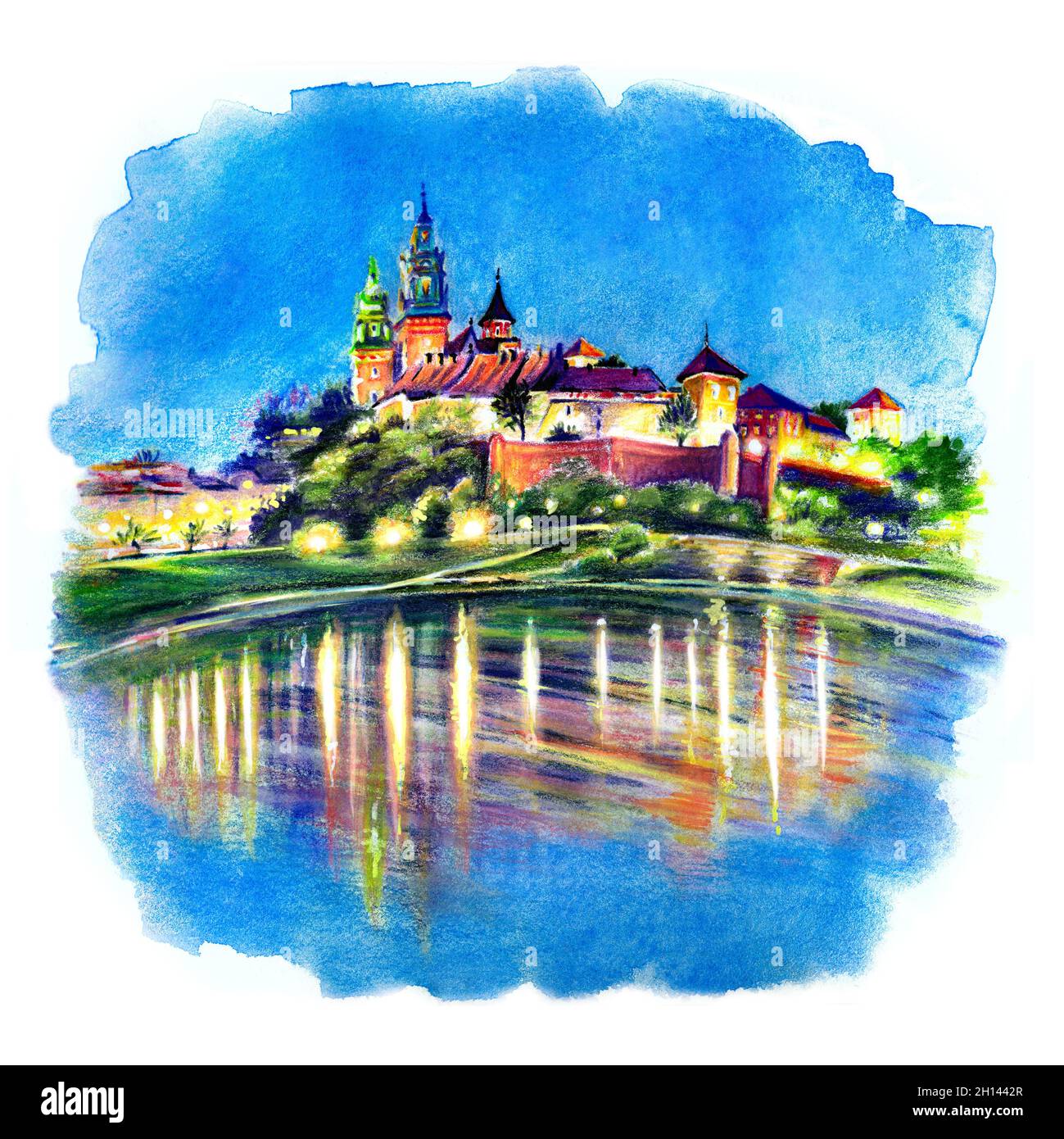 Schizzo acquerello del Castello di Wawel sulla collina di Wawel con riflesso nel fiume di notte come visto dalla Vistola, Cracovia, Polonia Foto Stock