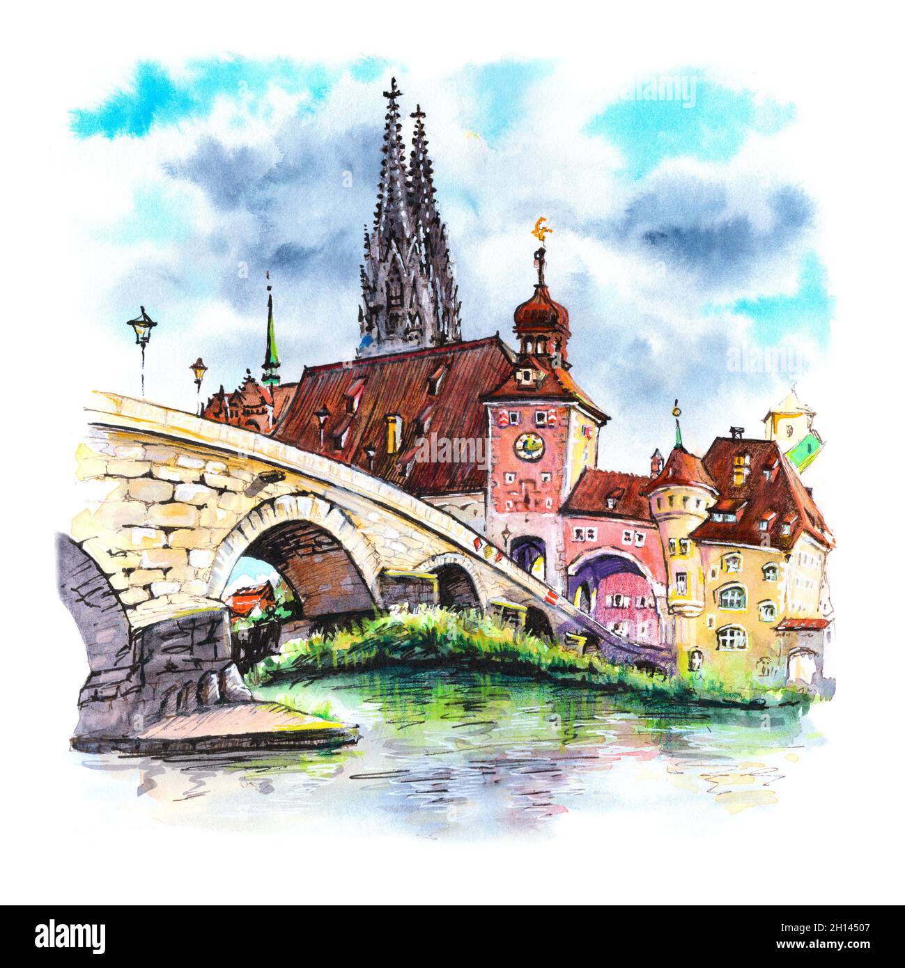 Acquerello di Sunny Stone Bridge, Cattedrale e Città Vecchia di Regensburg, Baviera orientale, Germania Foto Stock