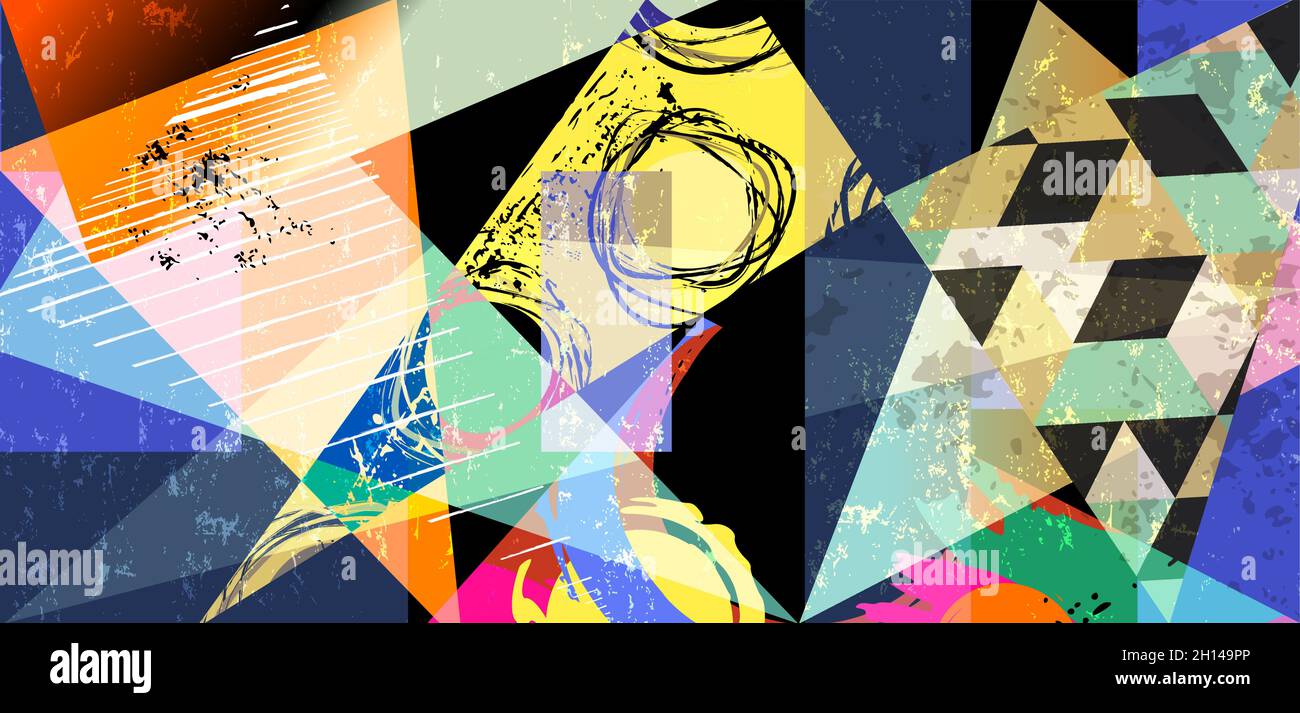motivo di sfondo geometrico astratto, con triangoli, strisce, cerchi, tratti di pittura e schizzi Illustrazione Vettoriale