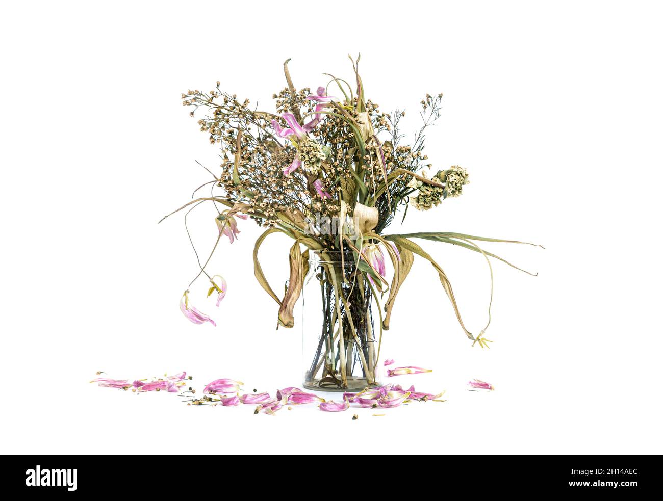 Bouquet di fiori selvaggi in vaso di vetro trasparente, filtrato d'epoca Foto Stock