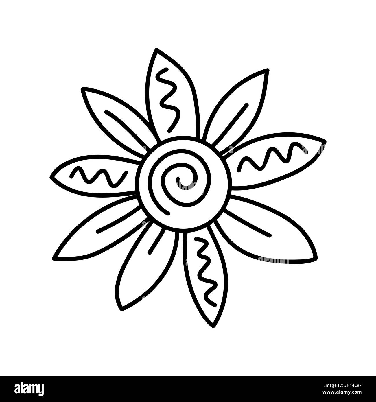 Fiore a margherita in stile Doodle. Illustrazione del disegno del contorno vettoriale. Immagine in bianco e nero isolata su sfondo bianco. Illustrazione Vettoriale