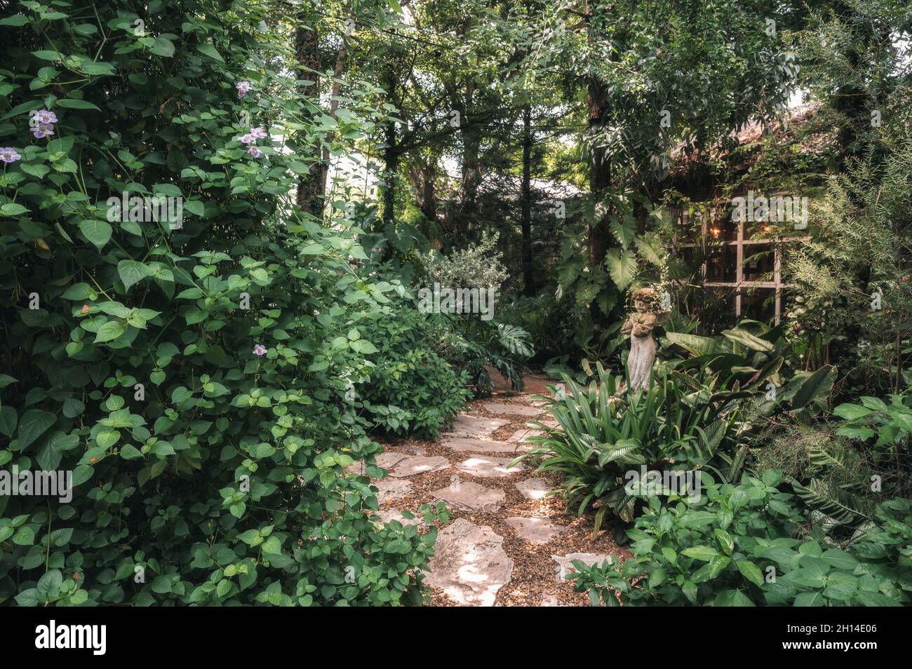 Ombroso giardino ornamentale inglese con percorso in pietra Foto Stock