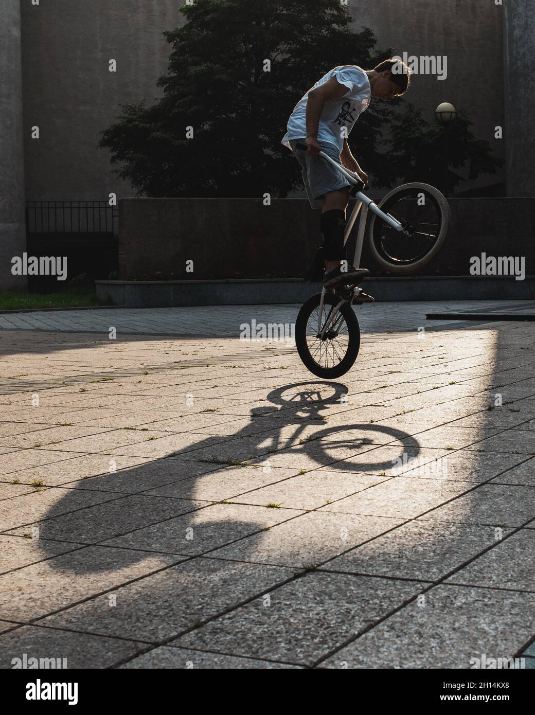Silhouette di un giovane uomo in bici BMX contro il tramonto. BMX rider fare trucchi in aria su una bicicletta. Stile libero BMX. Concetto di stile di vita sano. Foto Stock