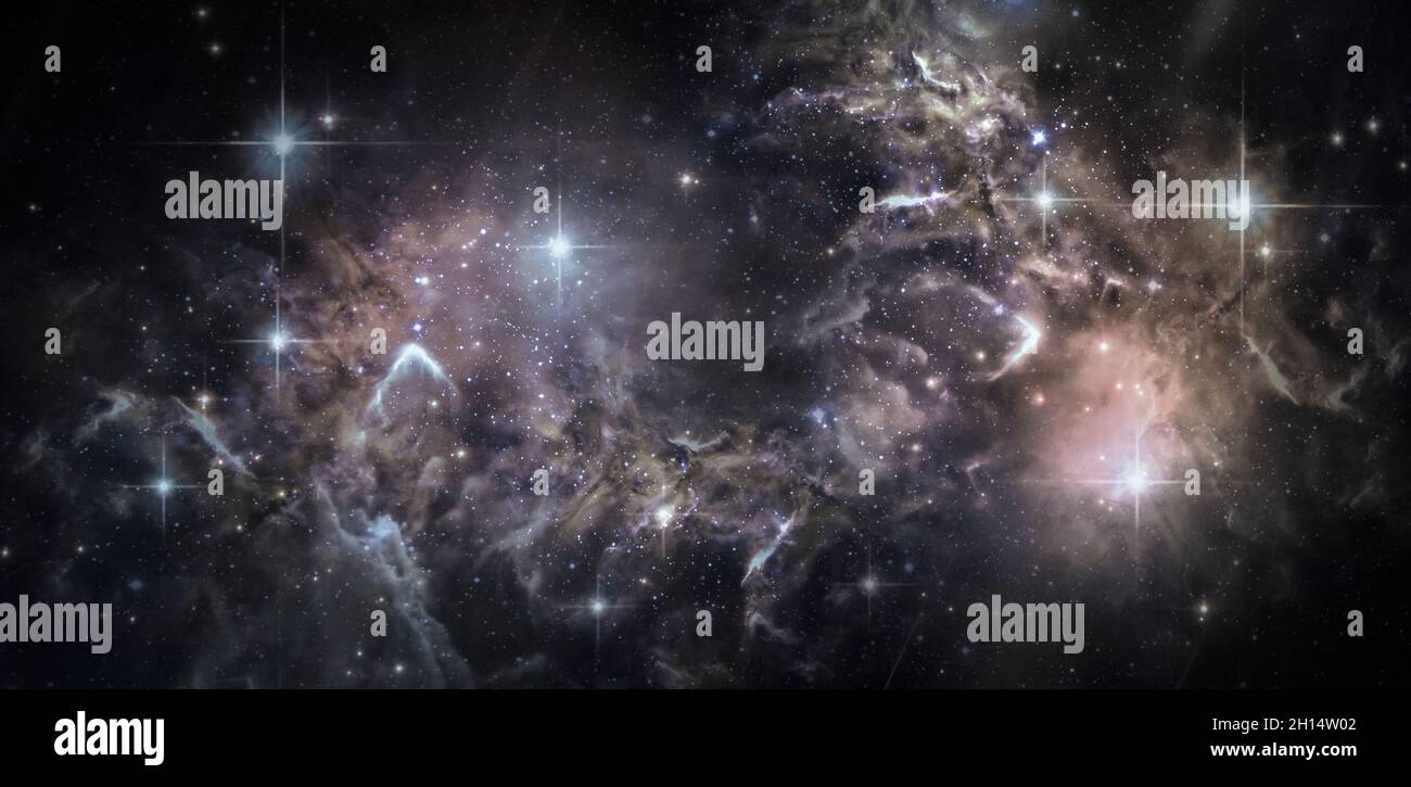 Sfondo astratto dello spazio, cluster di stelle e nuvole. Luci e squali. Elementi di questa immagine forniti dalla NASA. Foto Stock