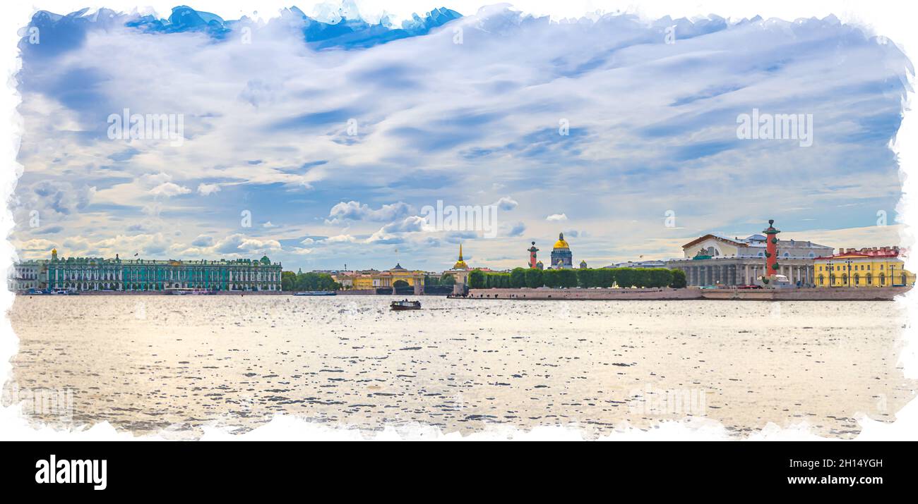 Disegno acquerello del Panorama di San Pietroburgo con il Palazzo d'Inverno, il Museo dell'Hermitage di Stato, il Ponte del Palazzo sul fiume Neva, la Cattedrale di Sant'Isacco Foto Stock