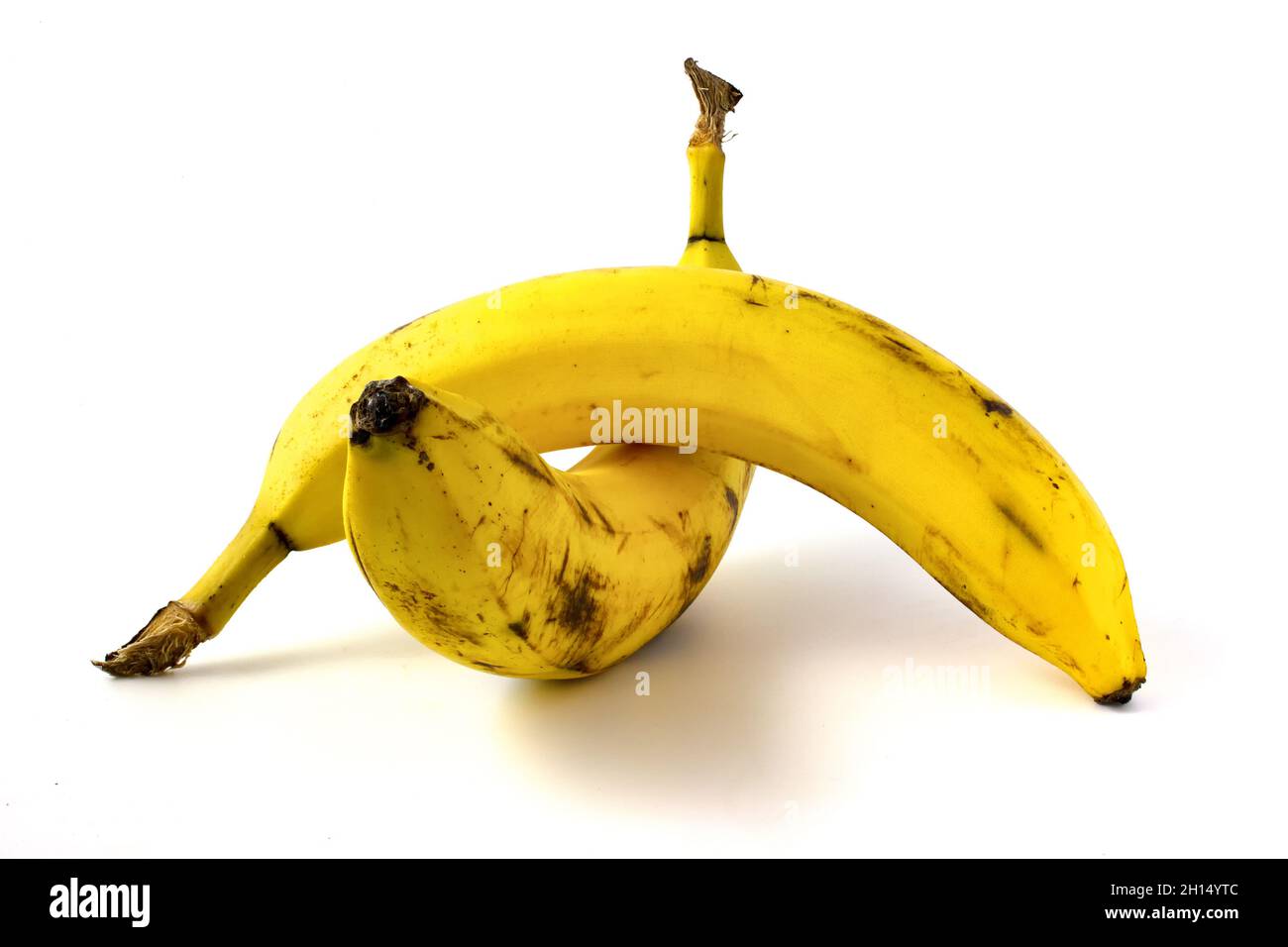 Due banane con macchie nere isolate su sfondo bianco. Frutta che cominciano a rovinare Foto Stock