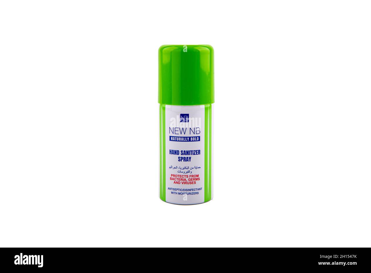 Nuovo flacone spray igienizzante per mani NB con audacia neutra su sfondo bianco Foto Stock