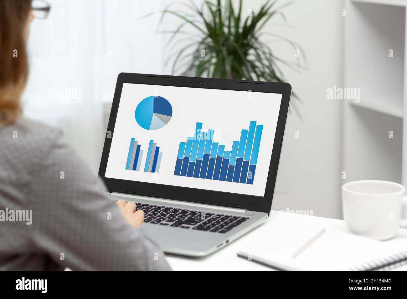 Business woman analizza i rapporti statistici. Grafici finanziari e grafici sullo schermo del laptop. Foto Stock