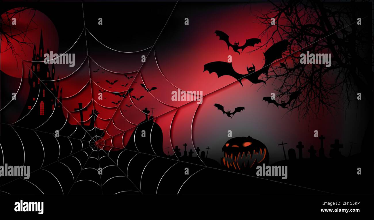 Halloween, sfondo rosso scuro spoky, silhouette di personaggi e pipistrelli spaventosi con castello gotico infestato, tema horror concetto, argento Illustrazione Vettoriale