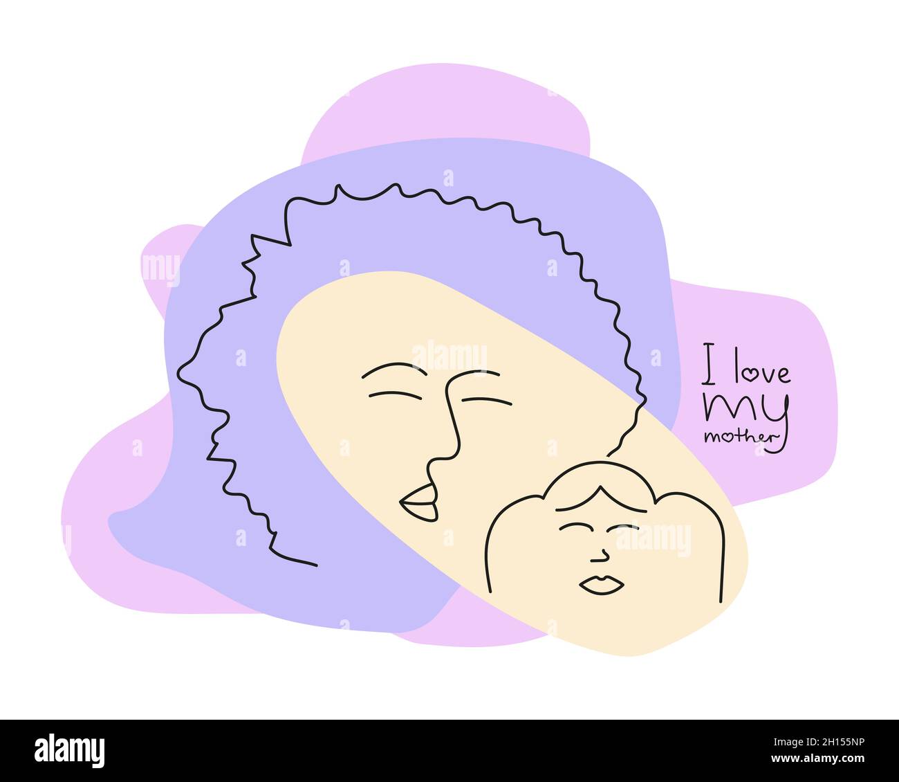 Cartolina in stile arte linea. Testa di madre e bambino. Iscrizione Io amo mia mamma. Illustrazione vettoriale. Illustrazione Vettoriale