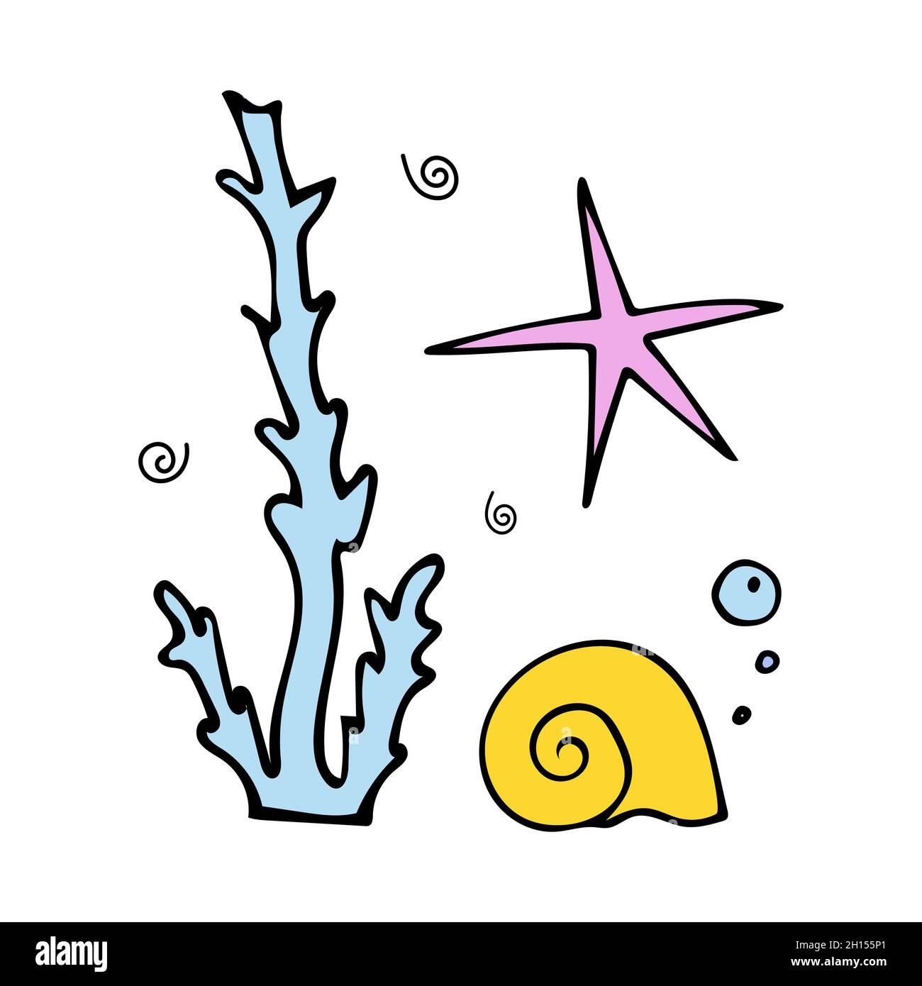 Guscio giallo con bolle d'aria vicino alle alghe e alle stelle marine. Stile Doodle. Illustrazione Vettoriale