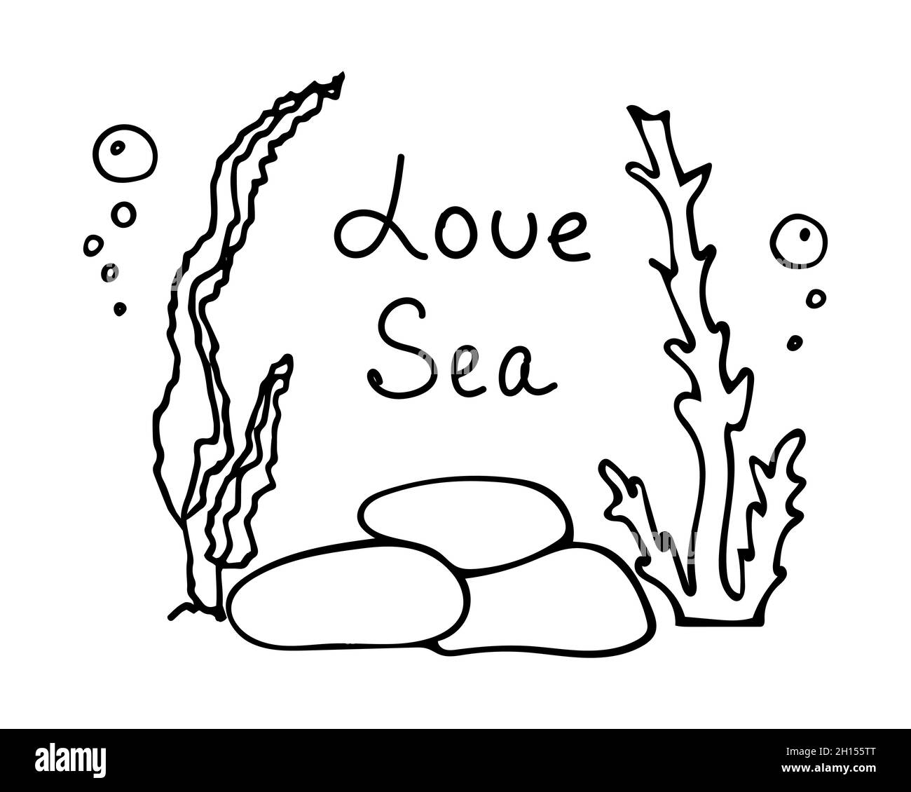 Primo piano di alghe, bolle d'aria e pietre. Lettere Amore mare. Illustrazione vettoriale in stile doodle. Illustrazione Vettoriale