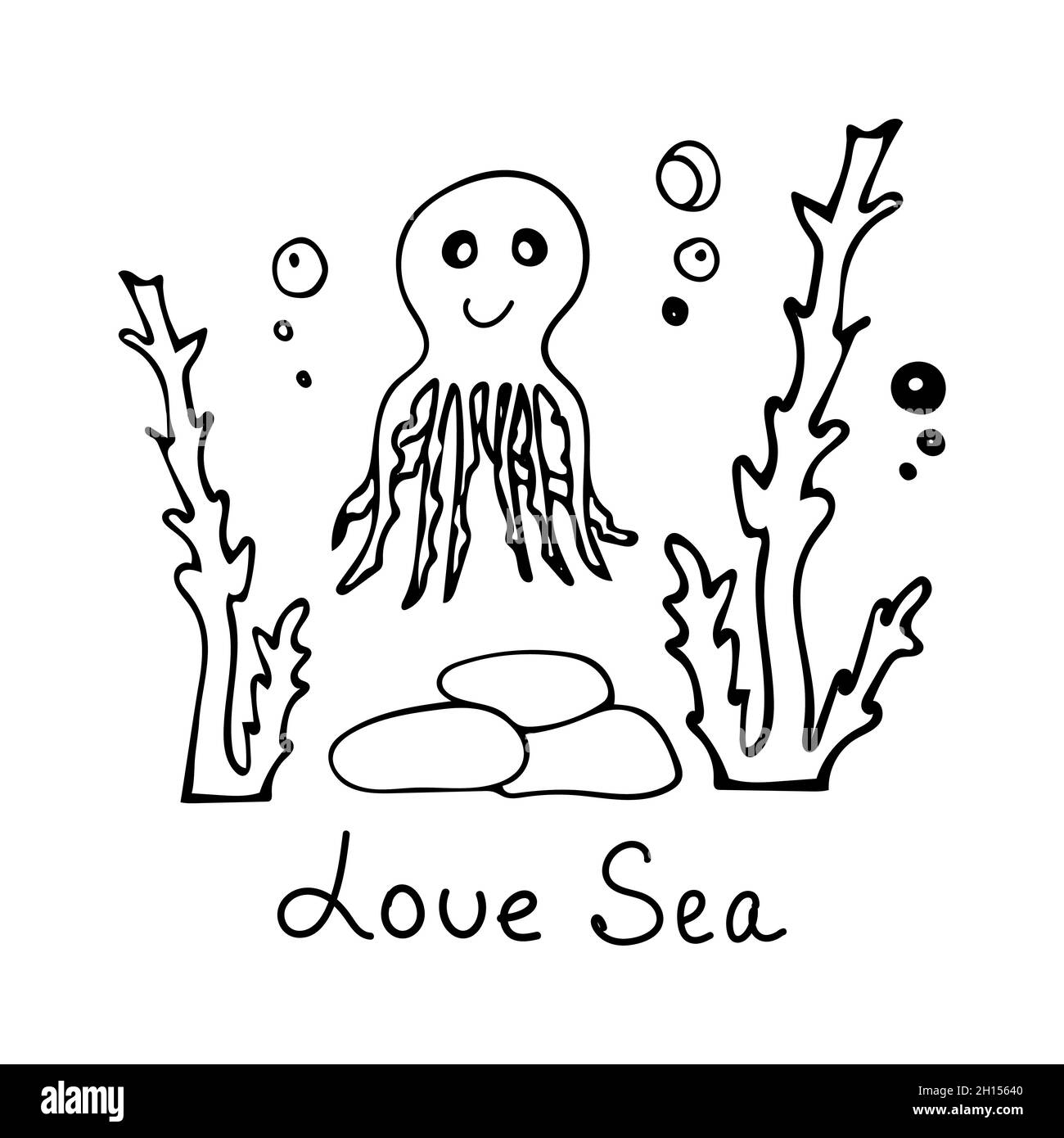 Primo piano di un polpo con alghe, bolle d'aria e pietre. Lettere Amore mare. Illustrazione vettoriale in stile doodle. Illustrazione Vettoriale