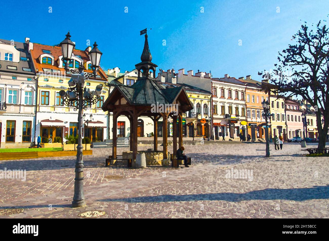 Disegno acquerello di Rzeszow Vecchio pozzo sulla piazza del mercato, Polonia Foto Stock