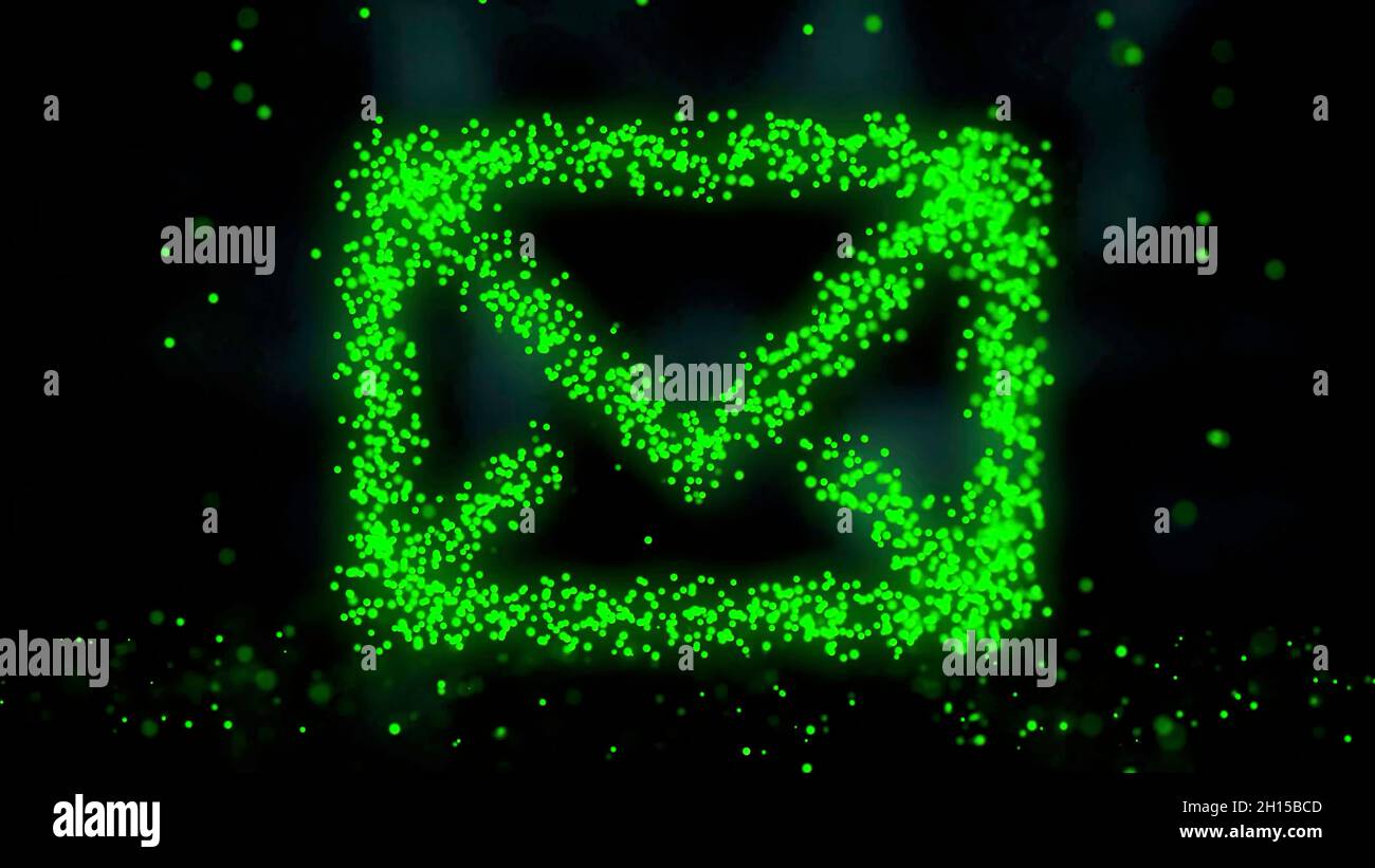 Animazione della rete plessica dal simbolo e-mail su sfondo colorato con flusso di particelle plessiche. Firma e-mail. Loop senza cuciture. Foto Stock
