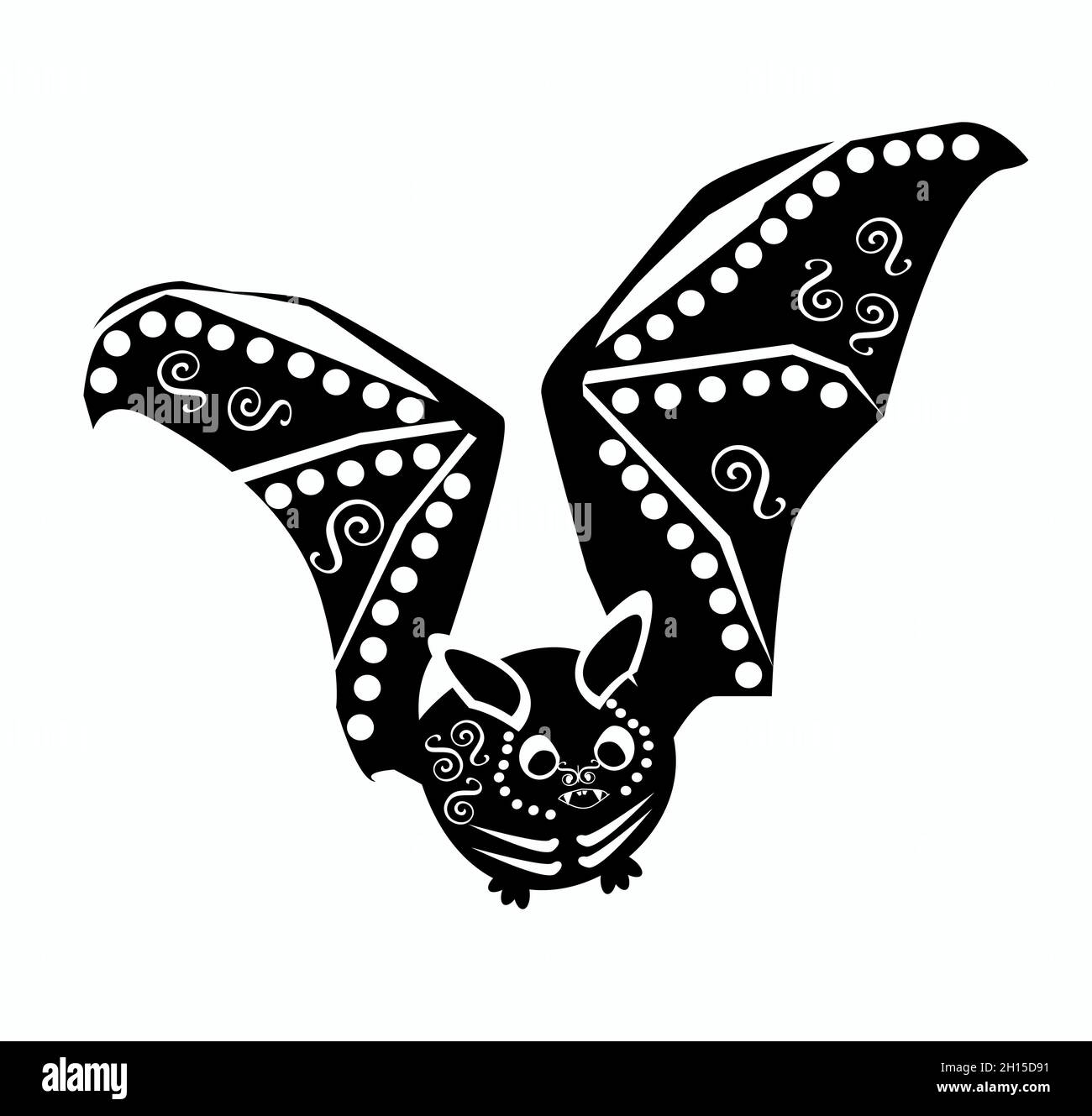 Icona BAT in bianco e nero con dettagli ornamento. Felice sfondo di Halloween. Foto Stock