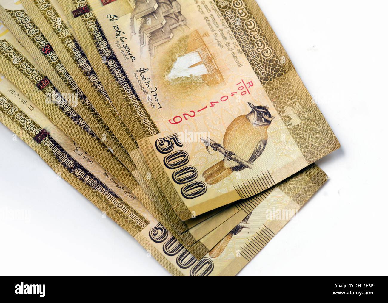 Banconote dello Sri Lanka di Rupees 5000 su fondo bianco isolato. Primo piano Foto Stock