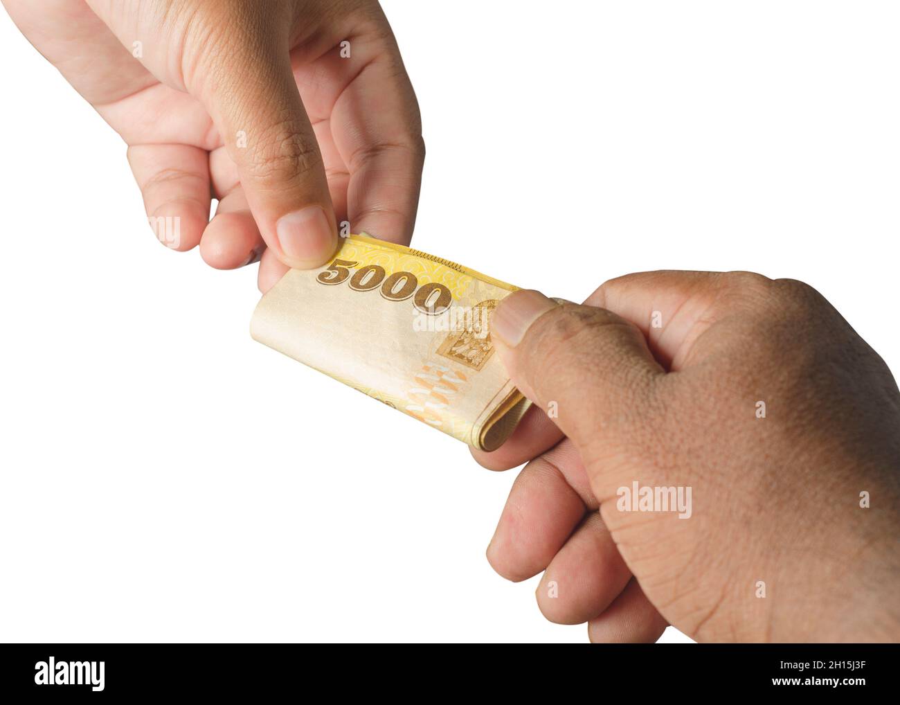 Banconote in arrivo e in arrivo che mostrano il movimento della mano su sfondo bianco isolato Foto Stock